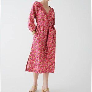 J Crew Collection Pink Ratti Floral Cotton Poplin Vneck Waist Tie Midi Dress M